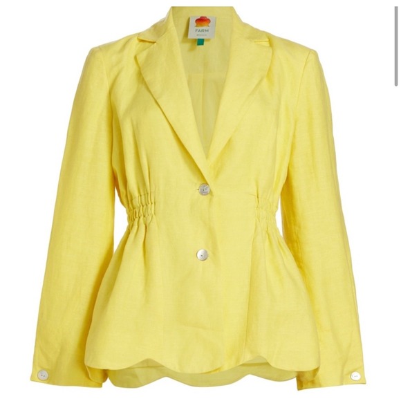 FARM Rio Bright Yellow Linen Blazer Scalloped Hem‎ Button Front Jacket